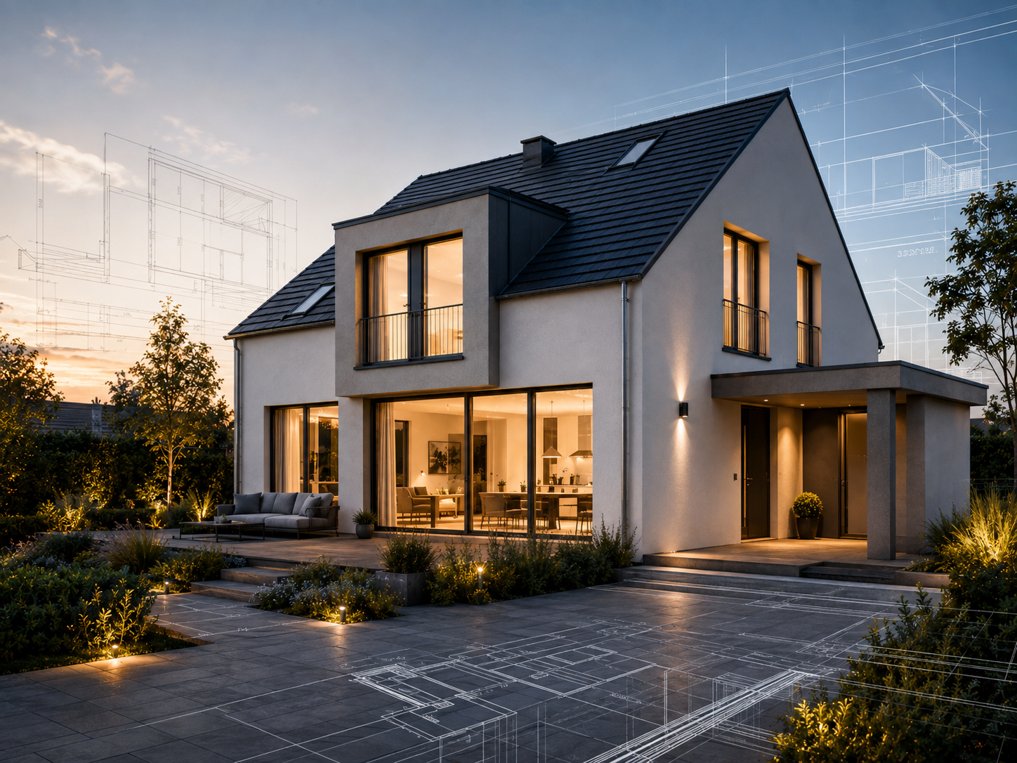 Modernes Wohngebäude mit technischer Blueprint-Visualisierung