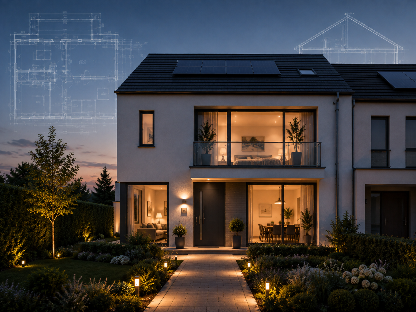 Modernes Wohngebäude mit technischer Blueprint-Visualisierung